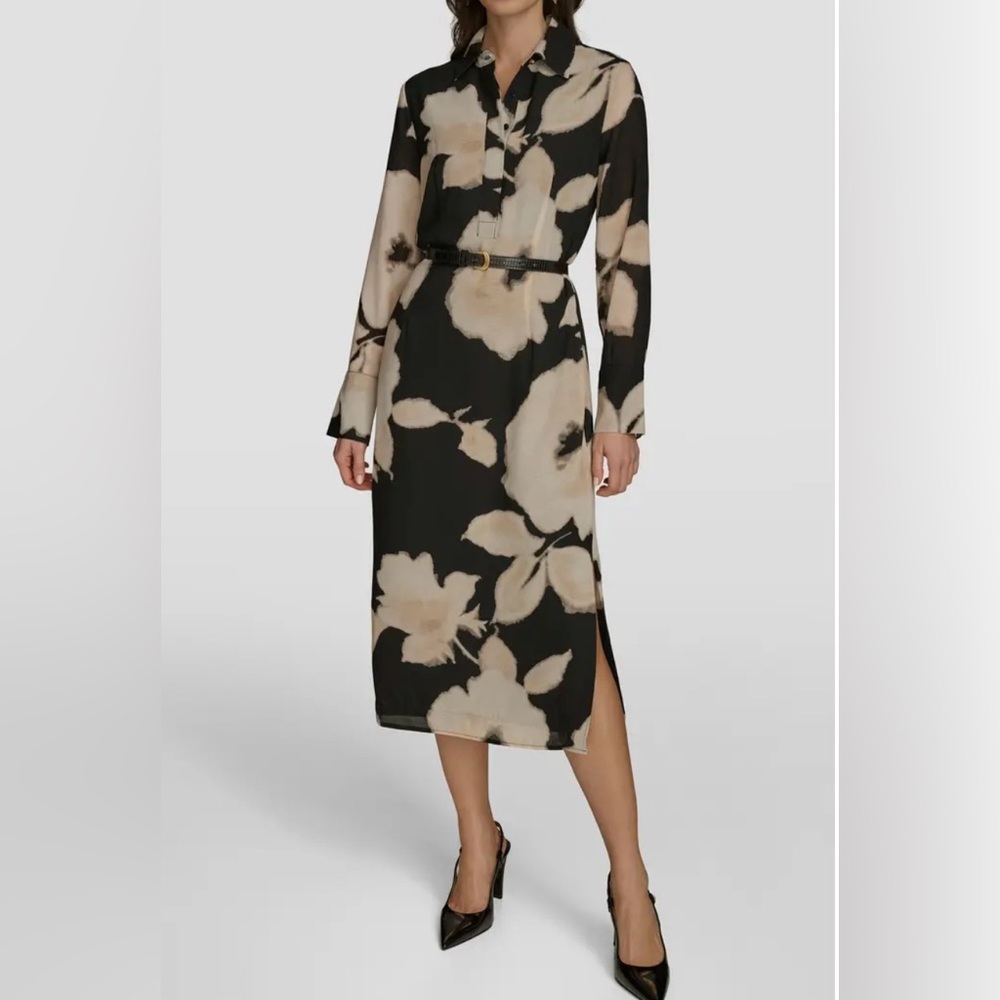 Donna Karan Floral Black, taupe and Cream Midi Dress with one side kick pleat.